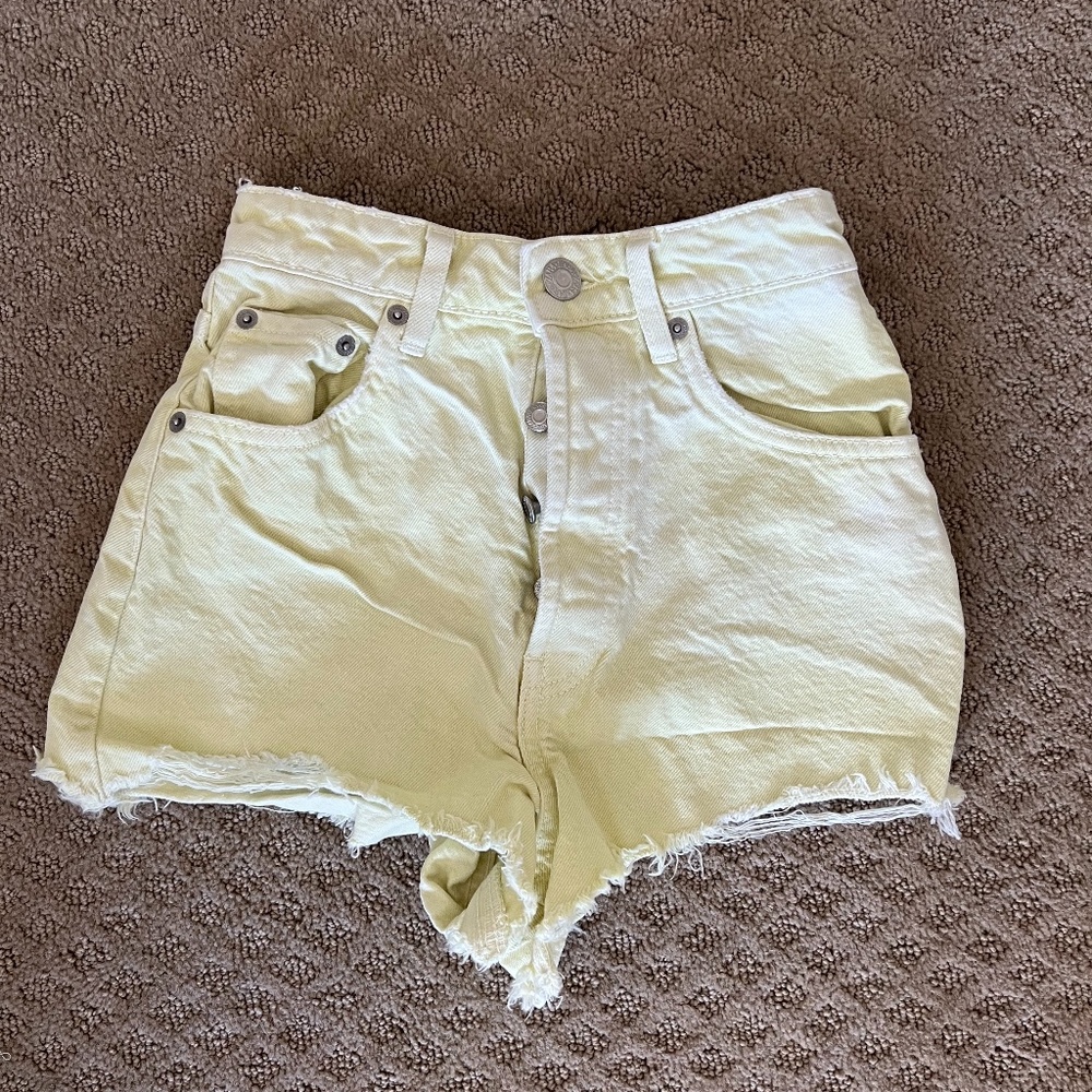 Zara Frayed High Rise Distressed Denim Shorts  - Lemon Yellow - Size 0